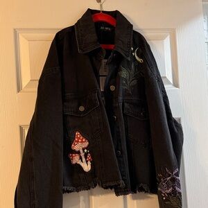 Disturbia Black Denim Jacket with Mushroom Embroidery